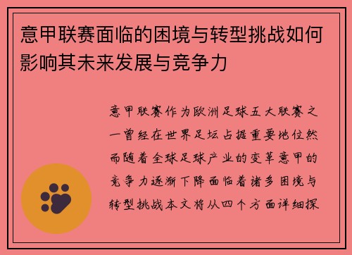 意甲联赛面临的困境与转型挑战如何影响其未来发展与竞争力