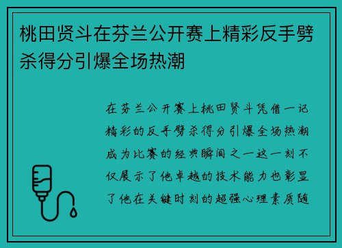 桃田贤斗在芬兰公开赛上精彩反手劈杀得分引爆全场热潮