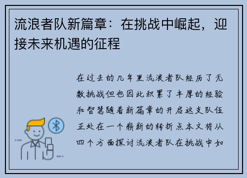 流浪者队新篇章：在挑战中崛起，迎接未来机遇的征程