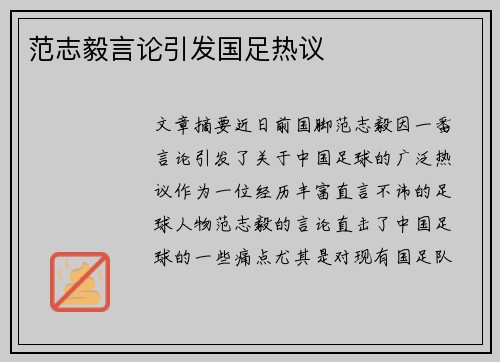 范志毅言论引发国足热议