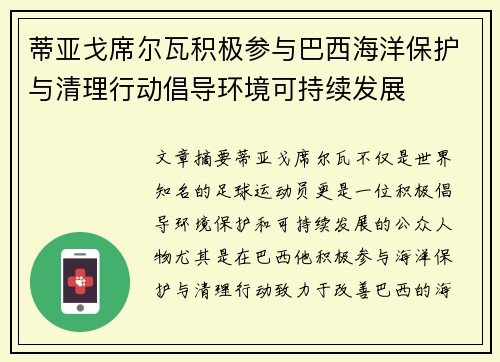 蒂亚戈席尔瓦积极参与巴西海洋保护与清理行动倡导环境可持续发展